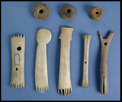 Spindle whorls, antler weaving combs and a bone shuttle and loom fitting, Iron Age by Iron Age